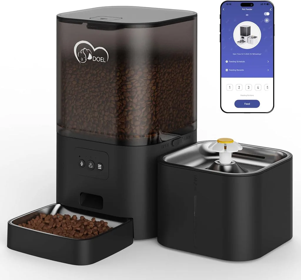 DOEL smart feeder with stainless bowls next to the Tuya app screen