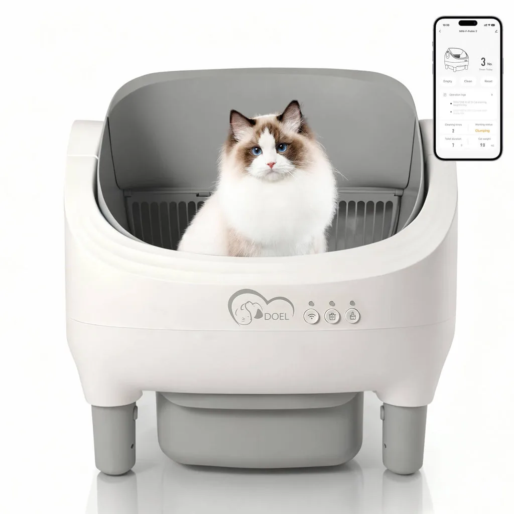 DOEL Open-Top automatic litter box with a cat sitting in the basin